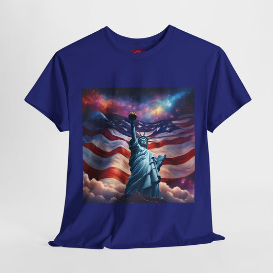 America the Beautiful USA FLAG & STATUE OF LIBERTY Unisex Cotton Tee Shirt - Red, White, Blue, & Black