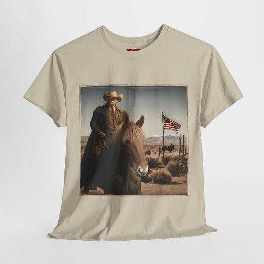 WILD WEST COWBOY TRUMP Unisex Cotton Tee Shirt - Red, White, Blue, & Tan